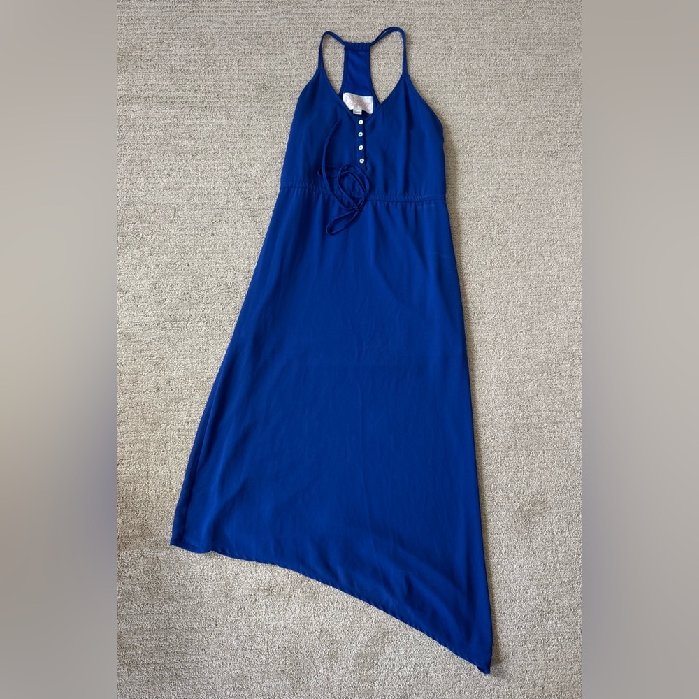 Rory Beca Women Solid Royal Blue Midi Dress Asymmetric Straps Sleeve Small Beach
